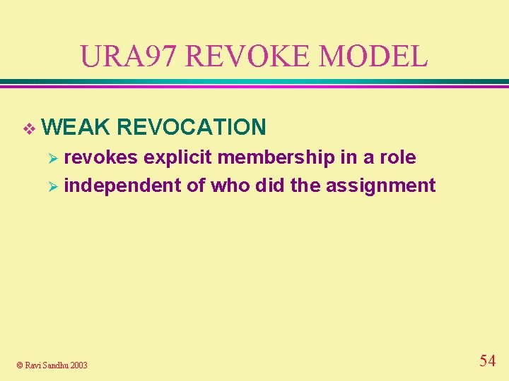 URA 97 REVOKE MODEL v WEAK REVOCATION Ø revokes explicit membership in a role