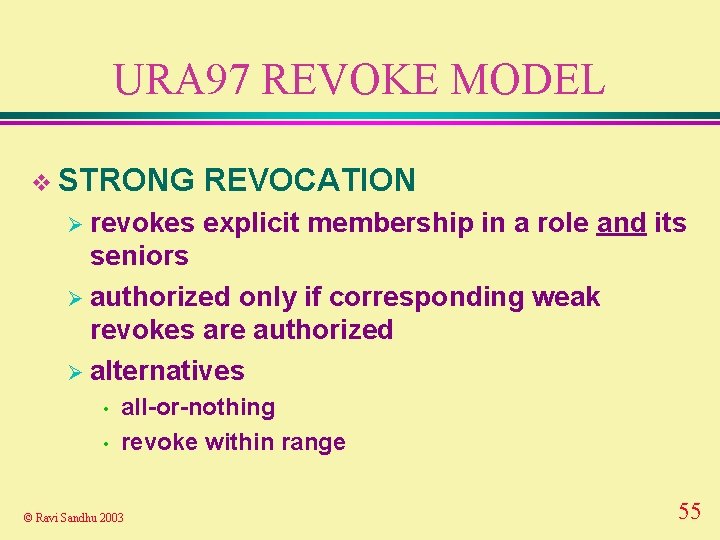 URA 97 REVOKE MODEL v STRONG Ø revokes REVOCATION explicit membership in a role
