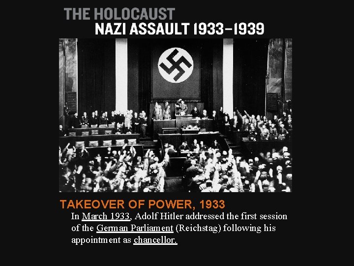 TAKEOVER OF POWER, 1933 In March 1933, Adolf Hitler addressed the first session of