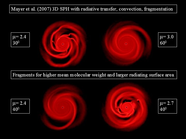 Mayer et al. (2007) 3 D SPH with radiative transfer, convection, fragmentation m= 2.