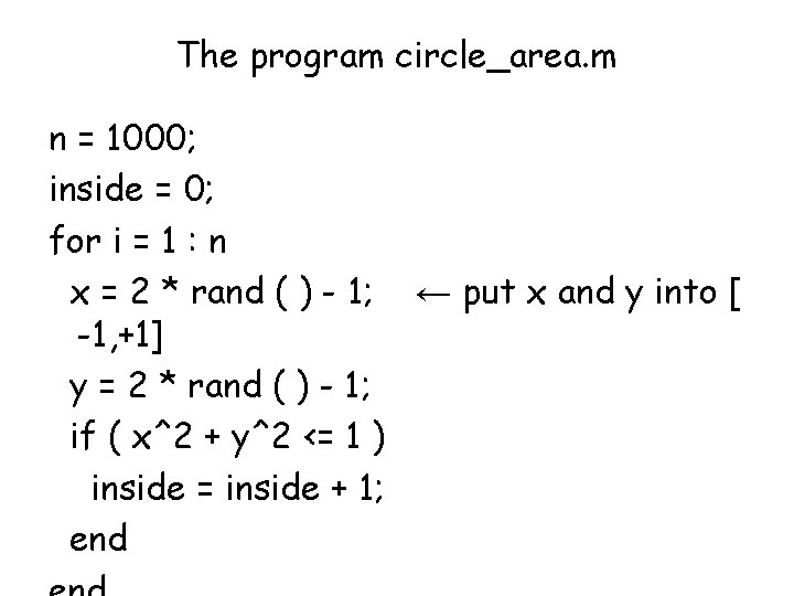 The program circle_area. m n = 1000; inside = 0; for i = 1
