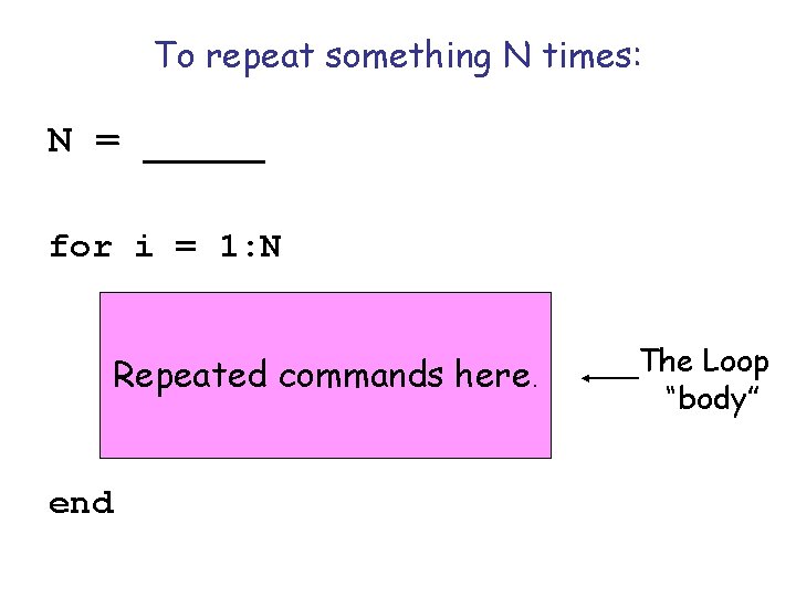 To repeat something N times: N = _____ for i = 1: N Repeated