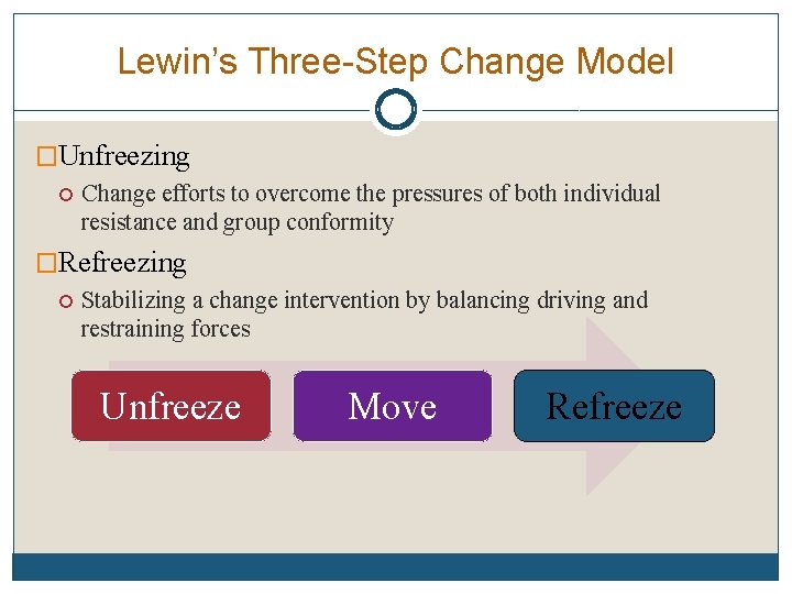 Lewin’s Three-Step Change Model �Unfreezing Change efforts to overcome the pressures of both individual