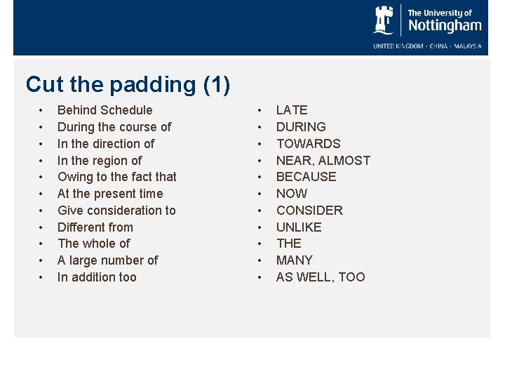 Cut the padding (1) • • • Behind Schedule During the course of In