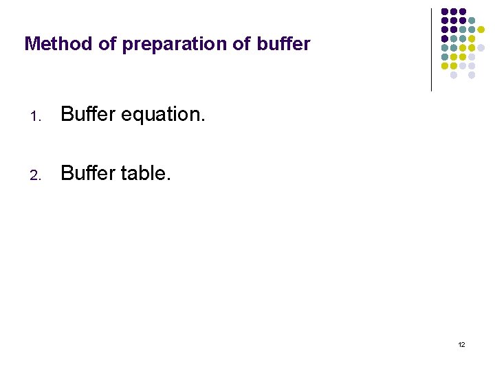 Method of preparation of buffer 1. Buffer equation. 2. Buffer table. 12 