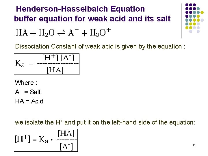 Henderson-Hasselbalch Equation buffer equation for weak acid and its salt Dissociation Constant of weak