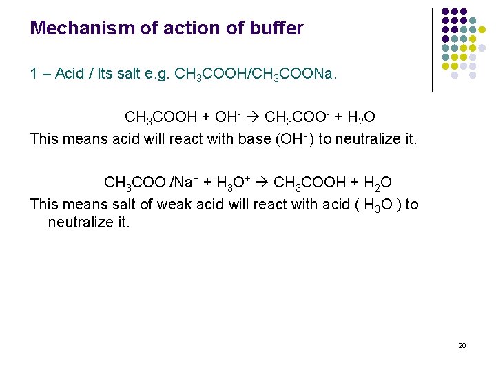 Mechanism of action of buffer 1 – Acid / Its salt e. g. CH