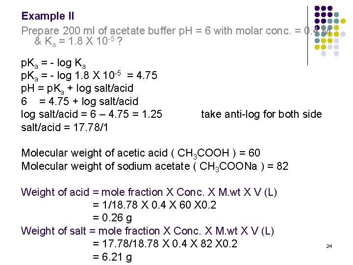 Example II Prepare 200 ml of acetate buffer p. H = 6 with molar