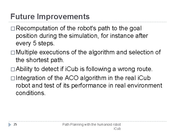 Future Improvements � Recomputation of the robot's path to the goal position during the