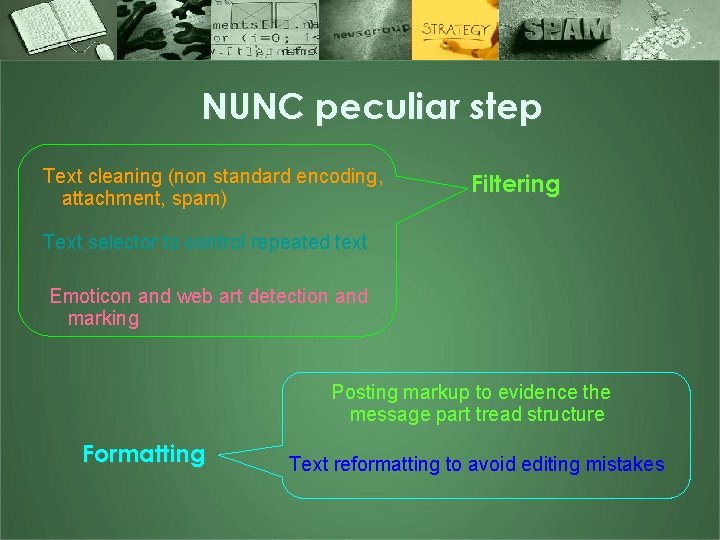 NUNC peculiar step Text cleaning (non standard encoding, attachment, spam) Filtering Text selector to