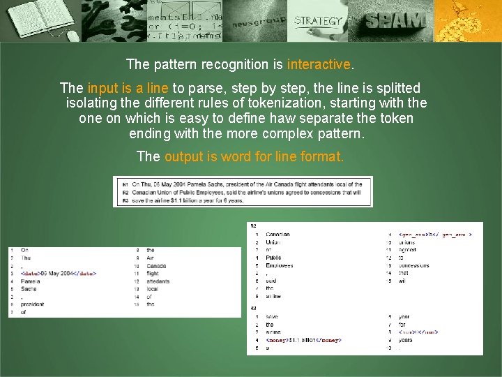 The pattern recognition is interactive. The input is a line to parse, step by