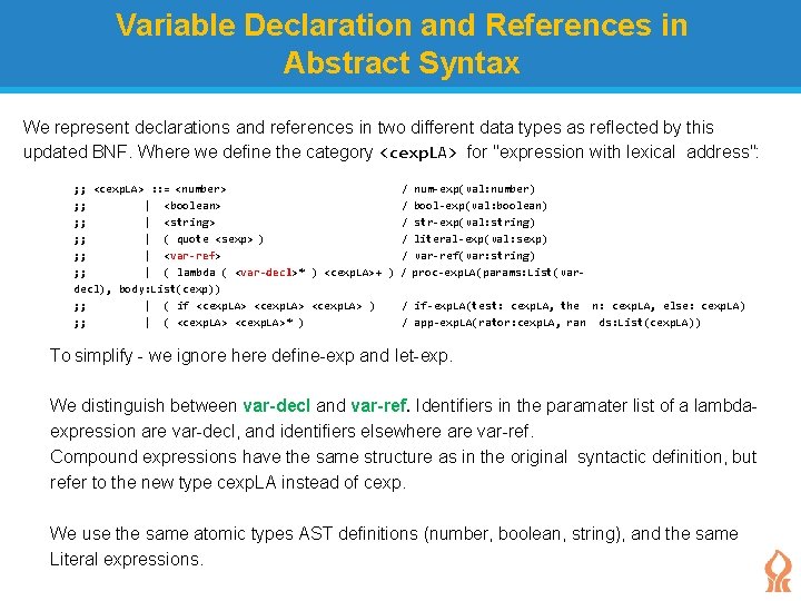 Variable Declaration and References in Abstract Syntax We represent declarations and references in two