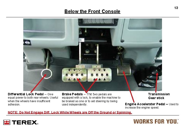 13 Below the Front Console Differential Lock Pedal – Give Brake Pedals – The