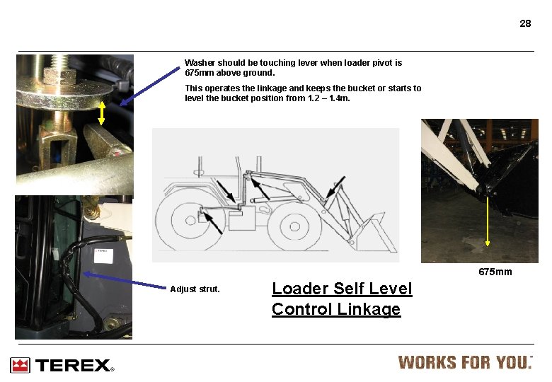 28 Washer should be touching lever when loader pivot is 675 mm above ground.