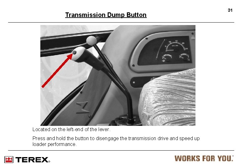 Transmission Dump Button Located on the left-end of the lever. Press and hold the