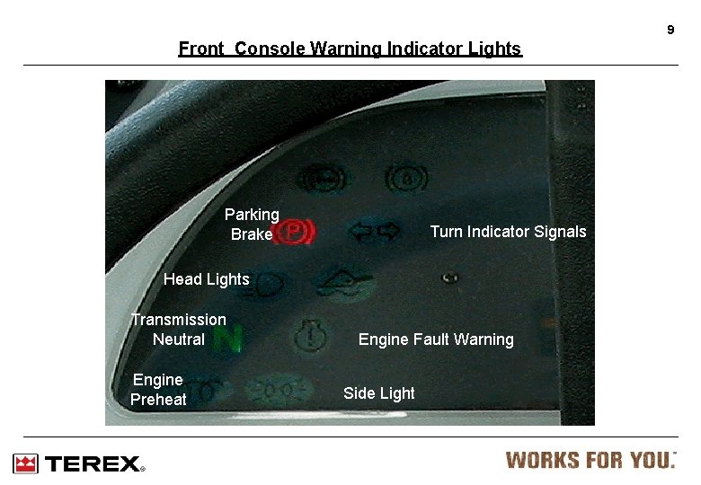 9 Front Console Warning Indicator Lights Parking Brake Turn Indicator Signals Head Lights Transmission