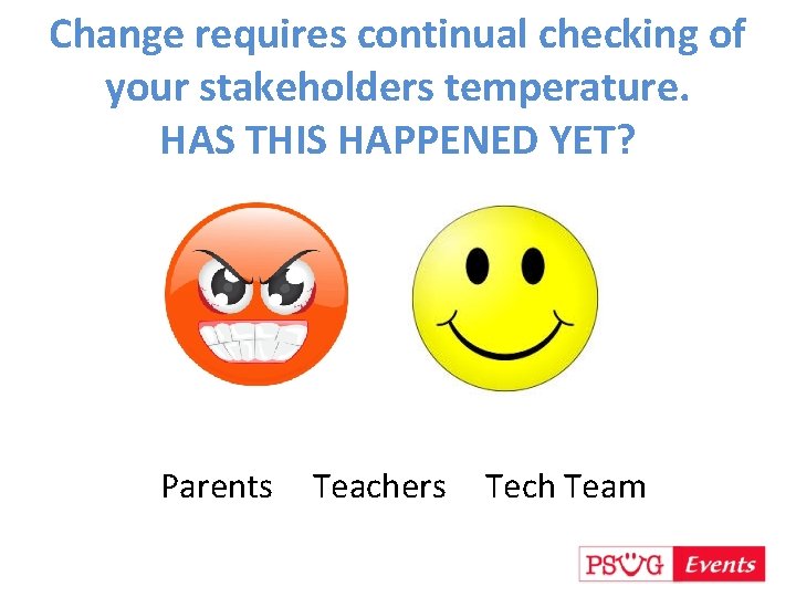 Change requires continual checking of your stakeholders temperature. HAS THIS HAPPENED YET? Parents Teachers