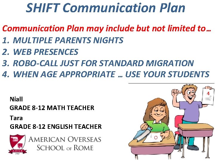 SHIFT Communication Plan may include but not limited to… 1. MULTIPLE PARENTS NIGHTS 2.