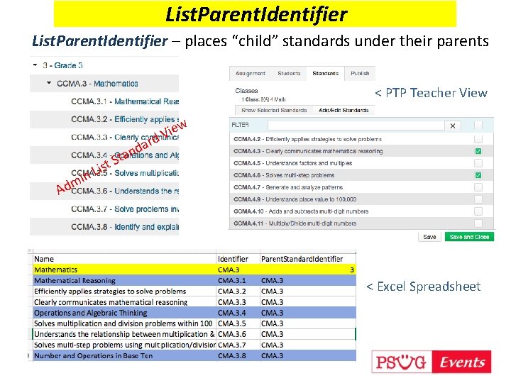 List. Parent. Identifier – places “child” standards under their parents < PTP Teacher View