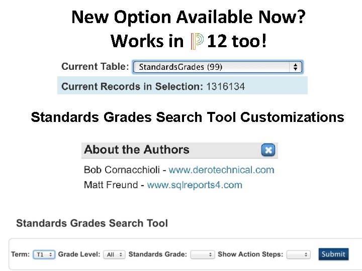 New Option Available Now? Works in 12 too! Standards Grades Search Tool Customizations 
