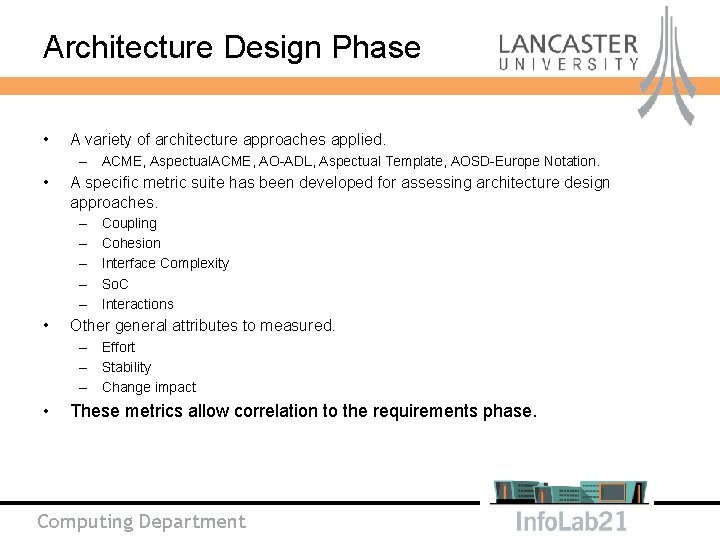 Architecture Design Phase • A variety of architecture approaches applied. – ACME, Aspectual. ACME,