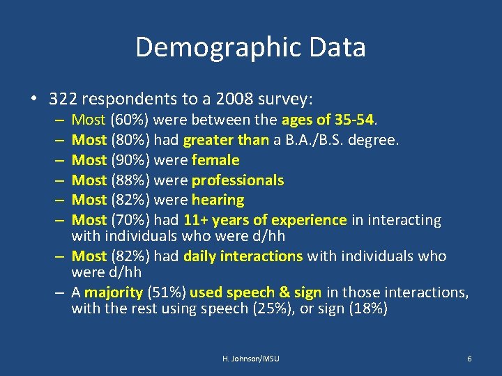 Demographic Data • 322 respondents to a 2008 survey: Most (60%) were between the