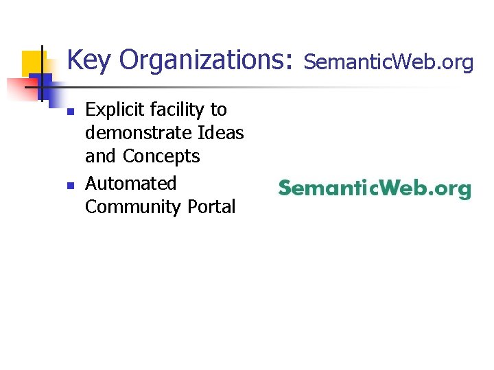Key Organizations: n n Explicit facility to demonstrate Ideas and Concepts Automated Community Portal