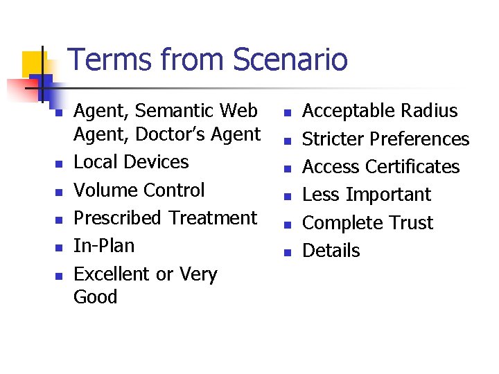 Terms from Scenario n n n Agent, Semantic Web Agent, Doctor’s Agent Local Devices