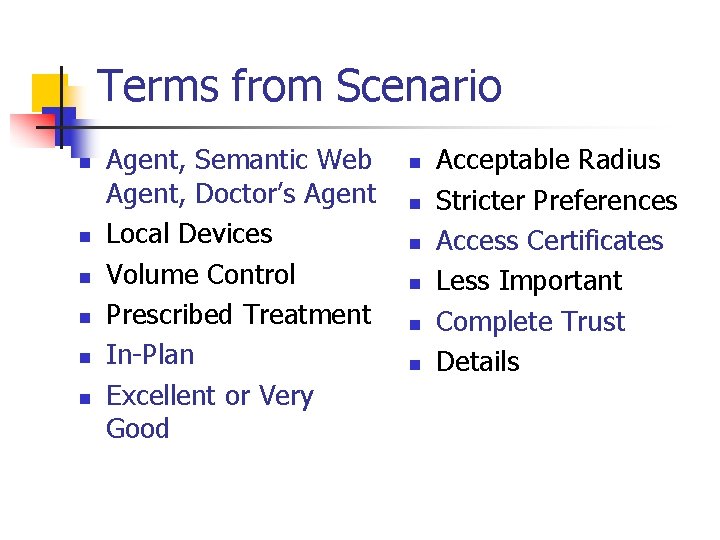 Terms from Scenario n n n Agent, Semantic Web Agent, Doctor’s Agent Local Devices