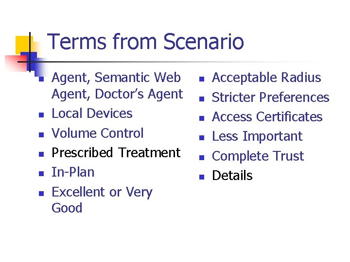 Terms from Scenario n n n Agent, Semantic Web Agent, Doctor’s Agent Local Devices