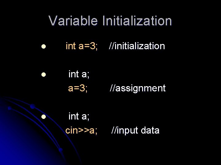 Variable Initialization l l l int a=3; //initialization int a; a=3; //assignment int a;