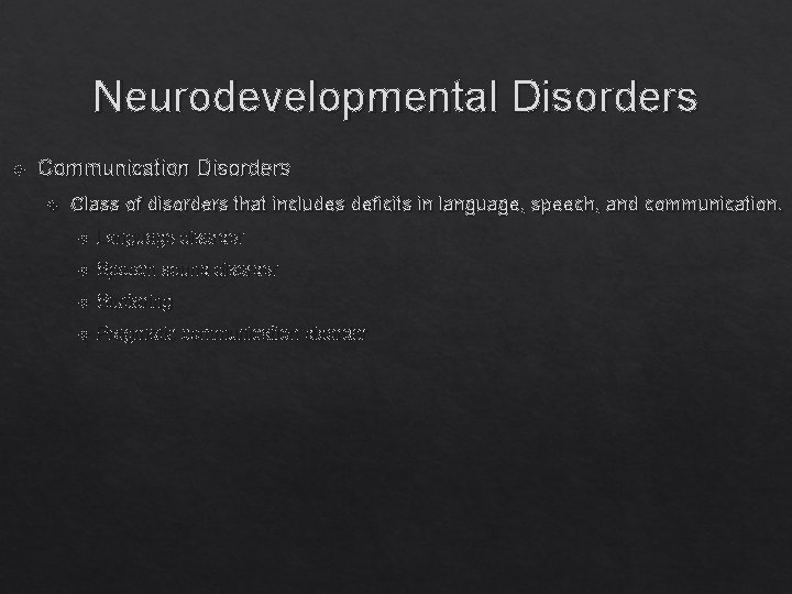 Neurodevelopmental Disorders Communication Disorders Class of disorders that includes deficits in language, speech, and