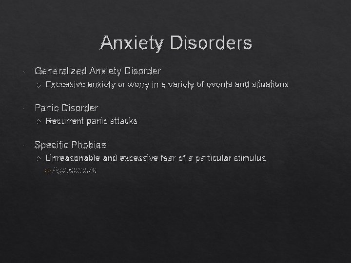 Anxiety Disorders Generalized Anxiety Disorder Panic Disorder Excessive anxiety or worry in a variety