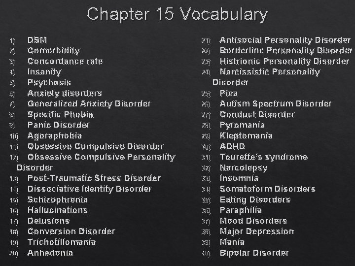 Chapter 15 Vocabulary DSM 2) Comorbidity 3) Concordance rate 4) Insanity 5) Psychosis 6)