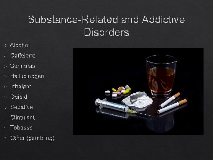 Substance-Related and Addictive Disorders Alcohol Caffeiene Cannabis Hallucinogen Inhalant Opioid Sedative Stimulant Tobacco Other