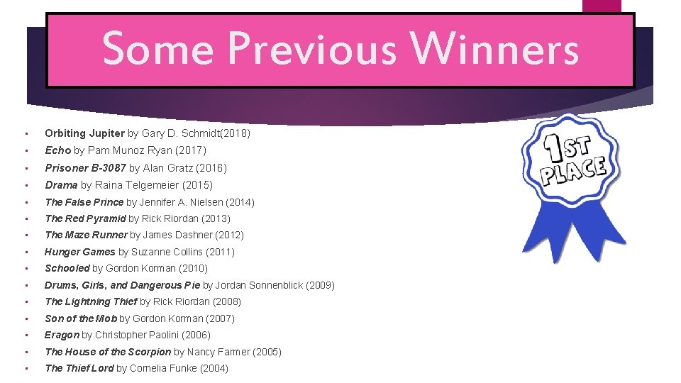 Some Previous Winners • Orbiting Jupiter by Gary D. Schmidt(2018) • Echo by Pam