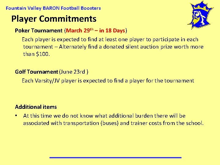 Fountain Valley BARON Football Boosters Player Commitments Poker Tournament (March 29 th – in