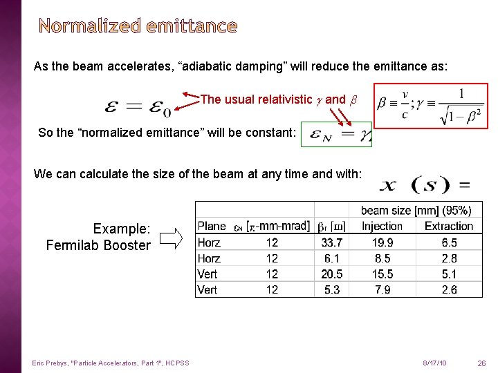 As the beam accelerates, “adiabatic damping” will reduce the emittance as: The usual relativistic