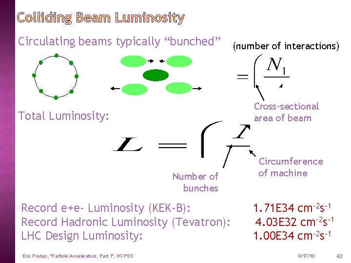 Circulating beams typically “bunched” Cross-sectional area of beam Total Luminosity: Number of bunches Record