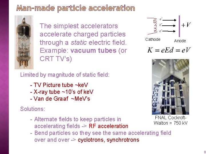 The simplest accelerators accelerate charged particles through a static electric field. Example: vacuum tubes