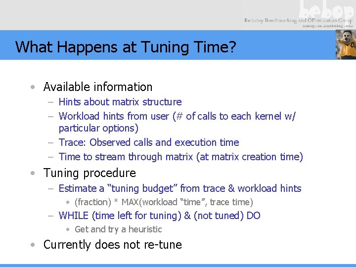What Happens at Tuning Time? • Available information – Hints about matrix structure –