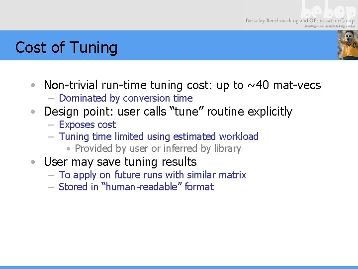 Cost of Tuning • Non-trivial run-time tuning cost: up to ~40 mat-vecs – Dominated