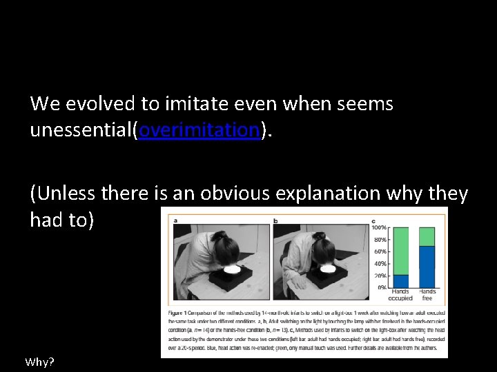 We evolved to imitate even when seems unessential(overimitation). (Unless there is an obvious explanation