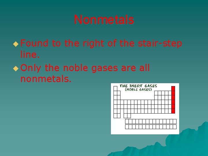 Nonmetals u Found to the right of the stair-step line. u Only the noble