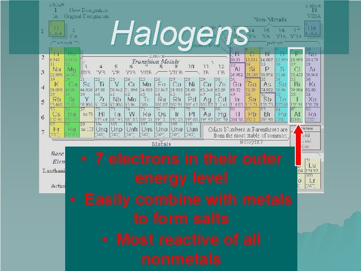 Halogens • 7 electrons in their outer energy level • Easily combine with metals