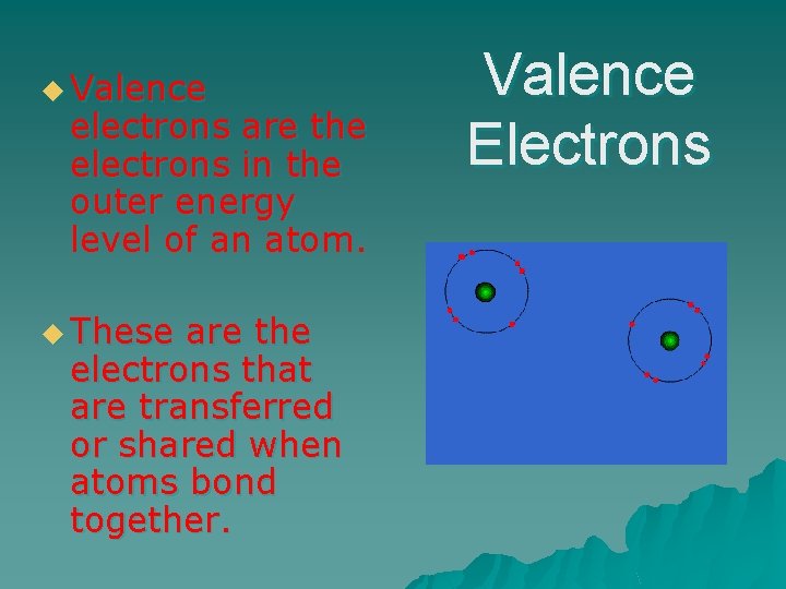 u Valence electrons are the electrons in the outer energy level of an atom.