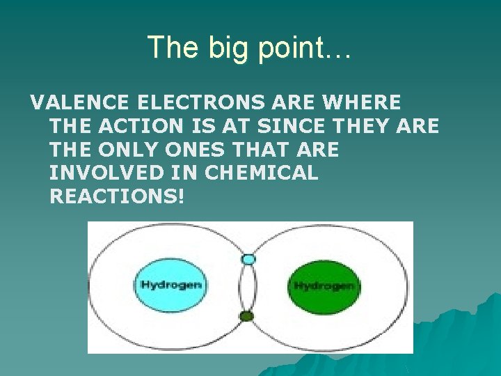The big point… VALENCE ELECTRONS ARE WHERE THE ACTION IS AT SINCE THEY ARE
