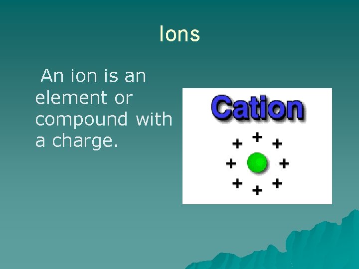 Ions An ion is an element or compound with a charge. 
