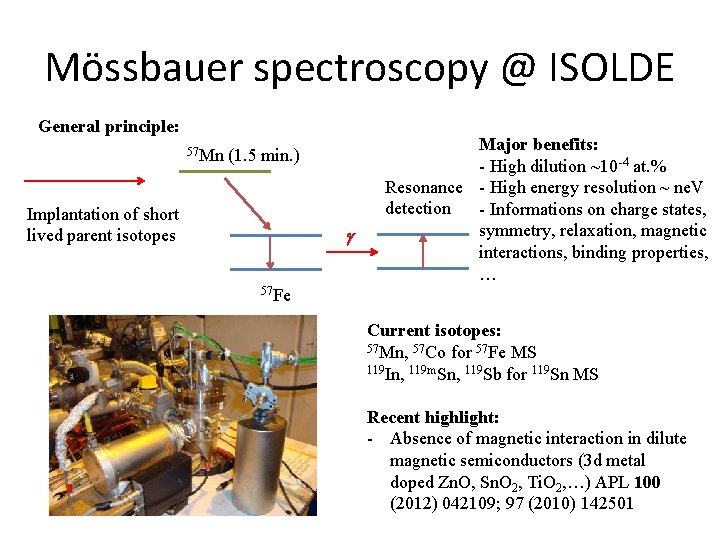 Mössbauer spectroscopy @ ISOLDE General principle: 57 Mn (1. 5 min. ) Implantation of