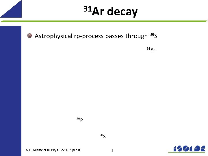 31 Ar decay Astrophysical rp-process passes through 30 S 31 Ar 29 P 30